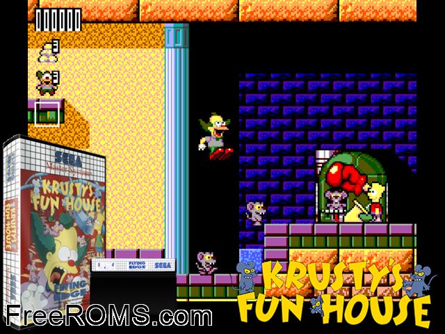 Krustys Fun House Sega Master System game showing 3D box cover and gameplay screenshot