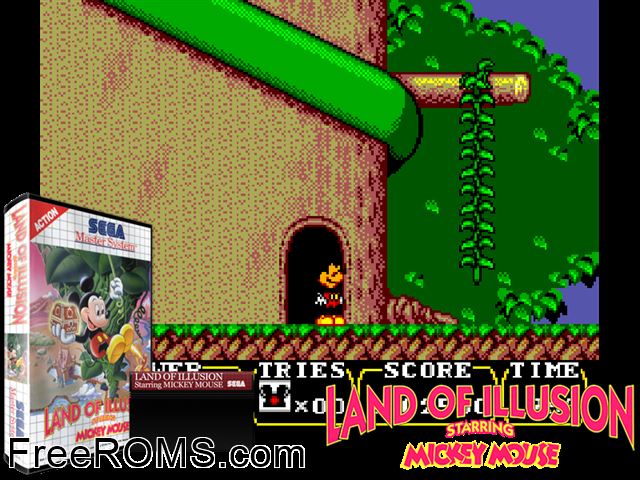 Land of Illusion Sega Master System game showing 3D box cover and gameplay screenshot