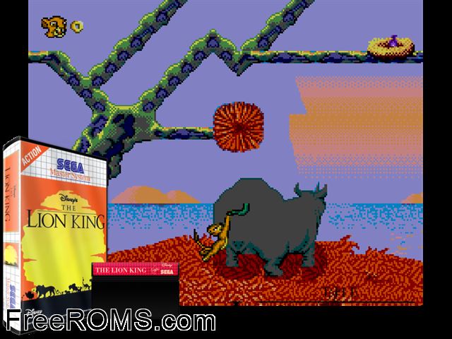 Lion King Sega Master System game showing 3D box cover and gameplay screenshot