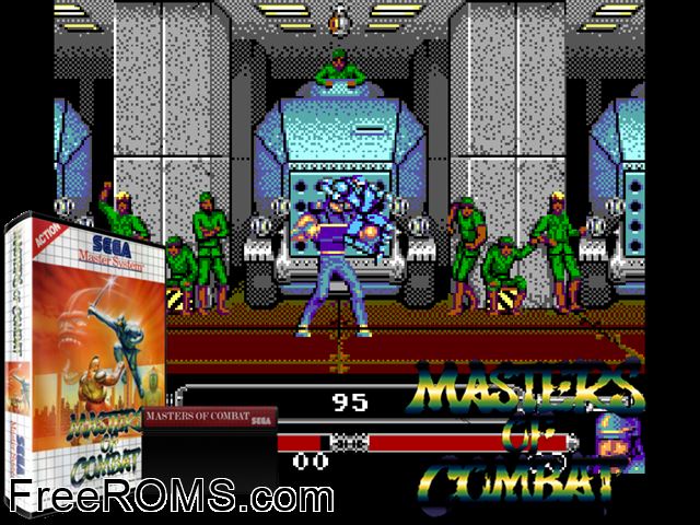 Masters Of Combat Sega Master System game showing 3D box cover and gameplay screenshot