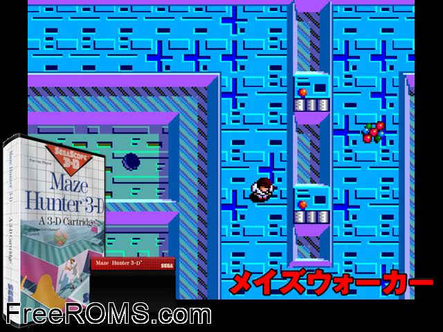 Maze Hunter 3D Sega Master System game showing 3D box cover and gameplay screenshot