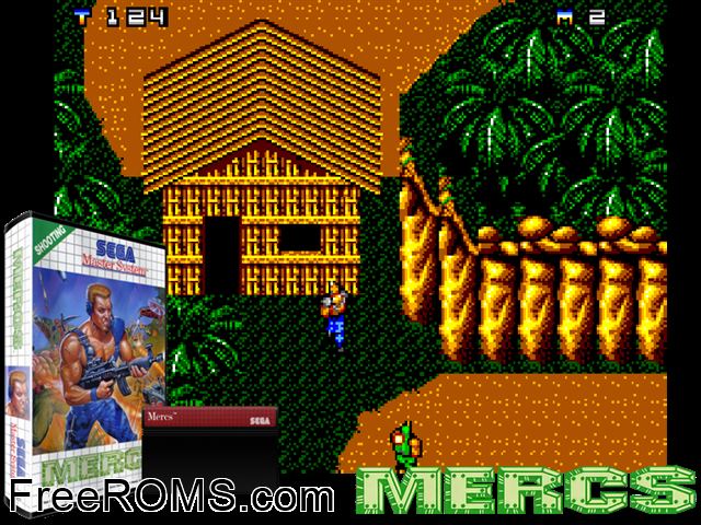 Mercs Sega Master System game showing 3D box cover and gameplay screenshot