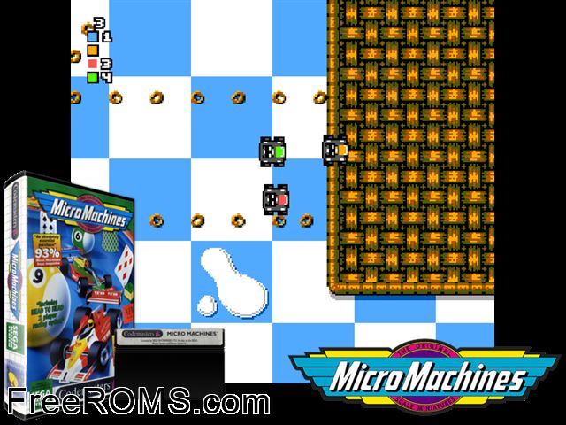 Micro Machines Sega Master System game showing 3D box cover and gameplay screenshot
