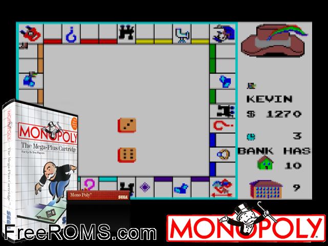 Monopoly Sega Master System game showing 3D box cover and gameplay screenshot