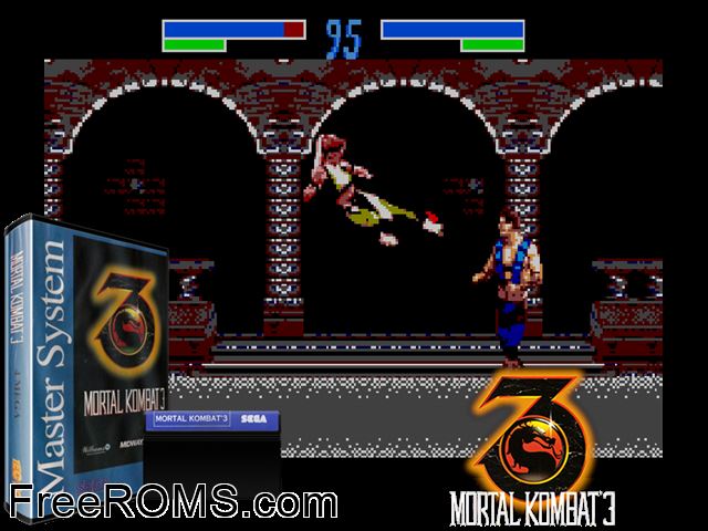 Mortal Kombat 3 Sega Master System game showing 3D box cover and gameplay screenshot