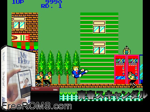 My Hero Sega Master System game showing 3D box cover and gameplay screenshot