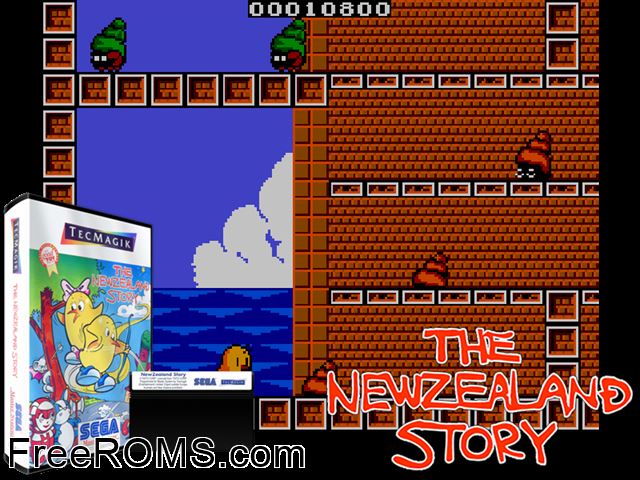 New Zealand Story, The Sega Master System game showing 3D box cover and gameplay screenshot