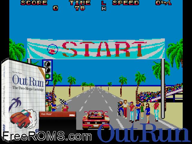 Out Run Sega Master System game showing 3D box cover and gameplay screenshot
