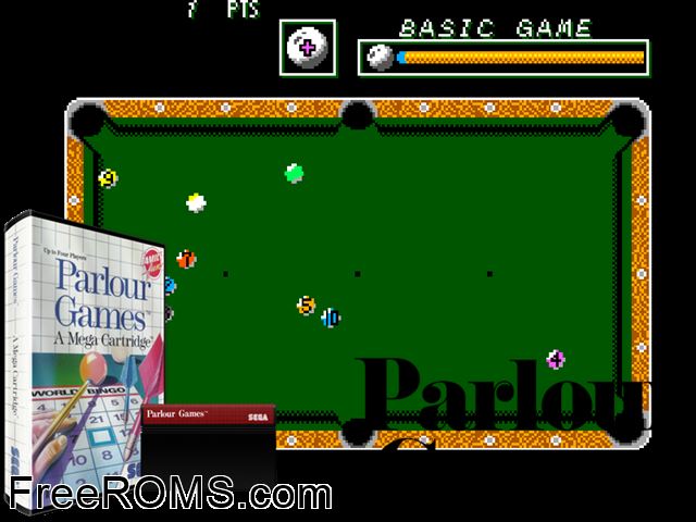 Parlour Games Sega Master System game showing 3D box cover and gameplay screenshot
