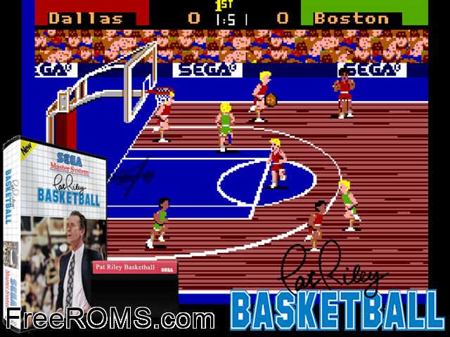 Pat Riley Basketball Sega Master System game showing 3D box cover and gameplay screenshot