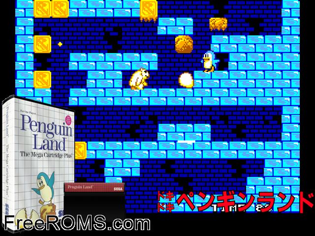 Penguin Land Sega Master System game showing 3D box cover and gameplay screenshot