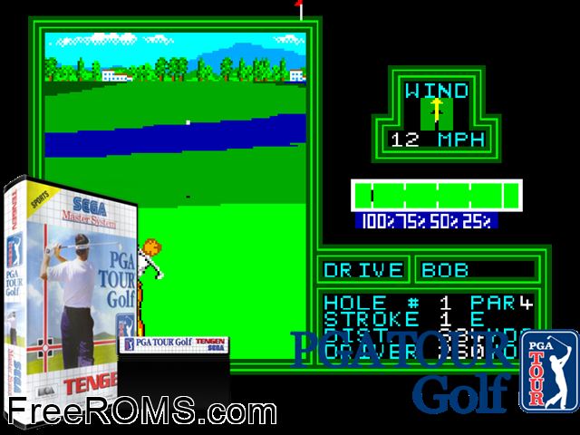 PGA Tour Golf Sega Master System game showing 3D box cover and gameplay screenshot