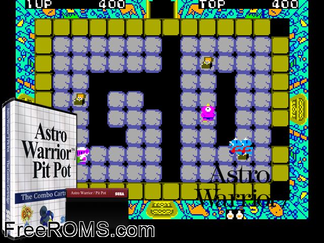 Pit Pot and Astro Warrior Sega Master System game showing 3D box cover and gameplay screenshot