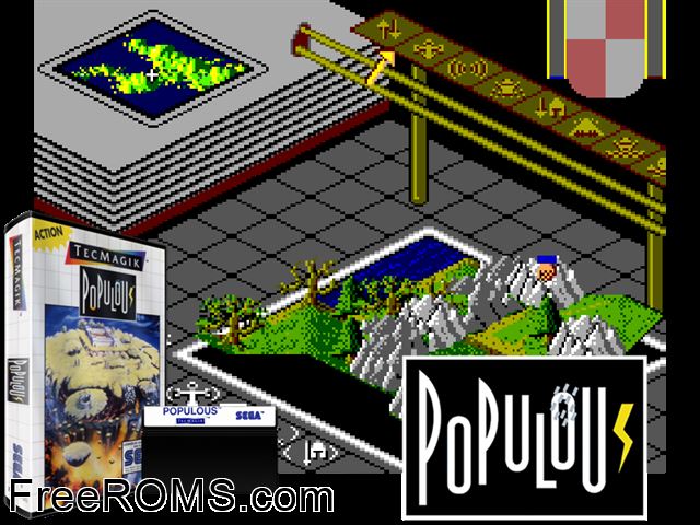Populous Sega Master System game showing 3D box cover and gameplay screenshot