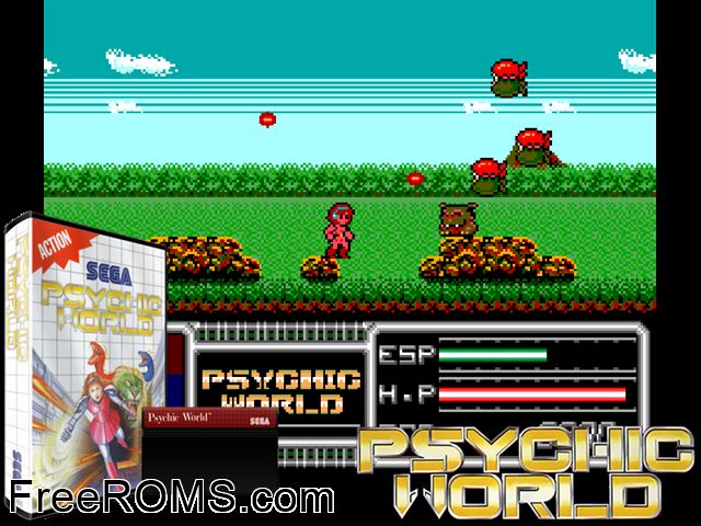 Psychic World Sega Master System game showing 3D box cover and gameplay screenshot