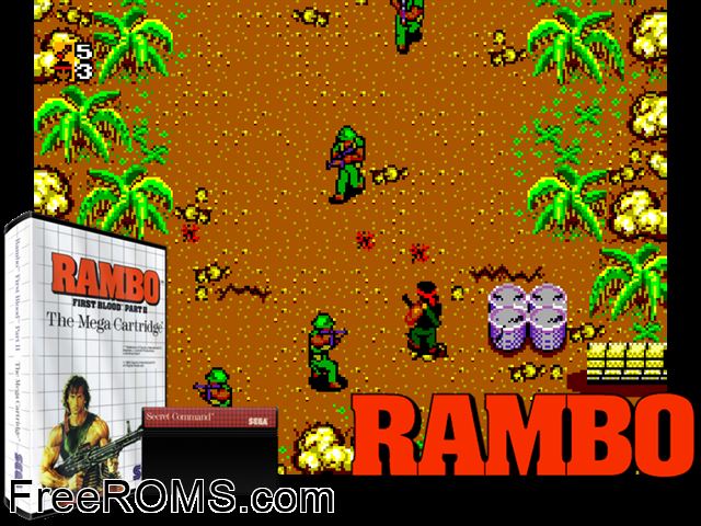 Rambo - First Blood Part 2 Sega Master System game showing 3D box cover and gameplay screenshot