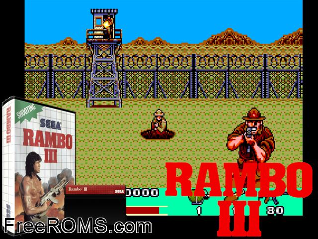 Rambo III Sega Master System game showing 3D box cover and gameplay screenshot