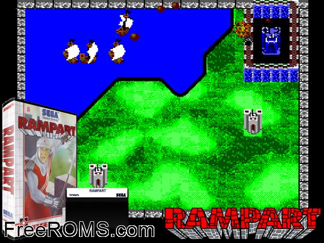 Rampart Sega Master System game showing 3D box cover and gameplay screenshot