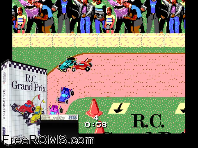 RC Grand Prix Sega Master System game showing 3D box cover and gameplay screenshot