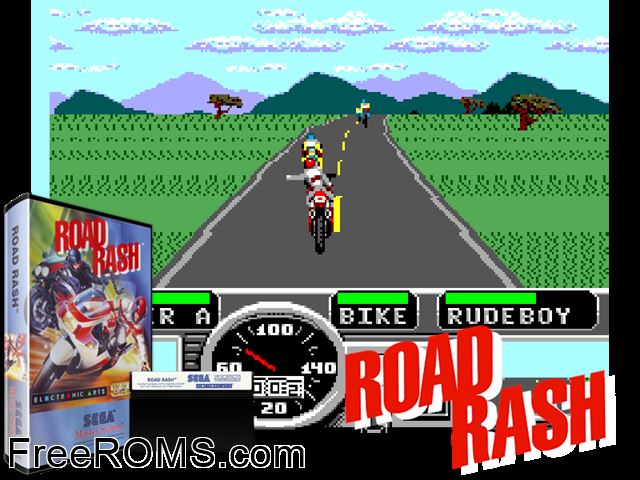 Road Rash Sega Master System game showing 3D box cover and gameplay screenshot