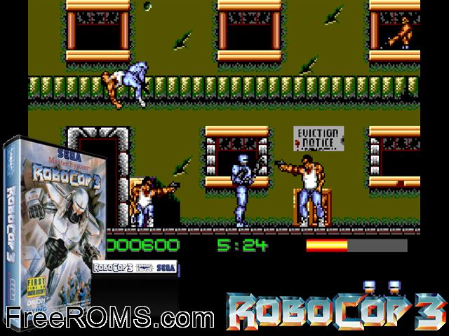 Robocop 3 Sega Master System game showing 3D box cover and gameplay screenshot