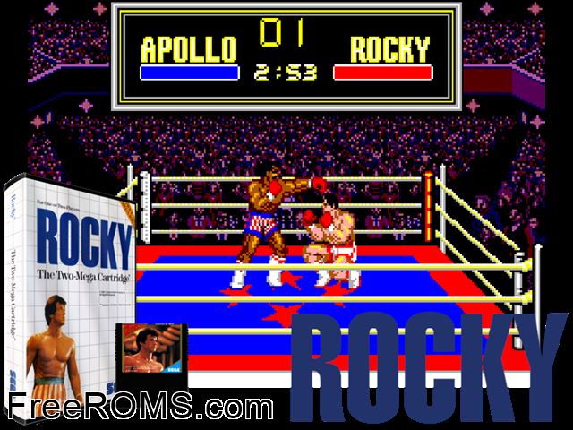 Rocky Sega Master System game showing 3D box cover and gameplay screenshot