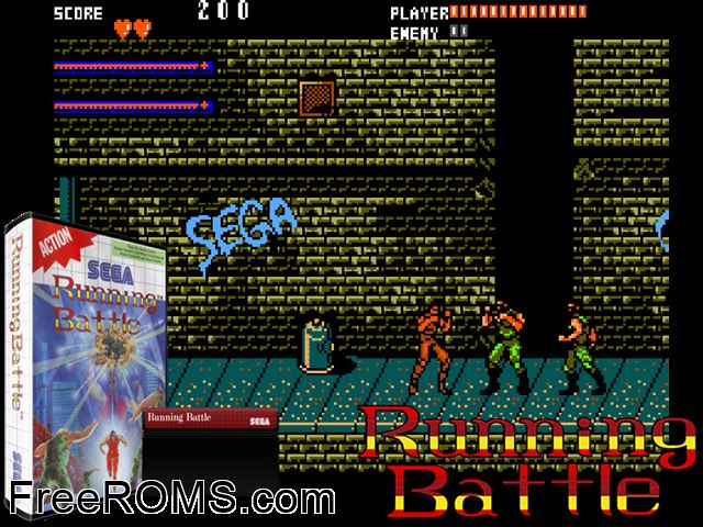 Running Battle Sega Master System game showing 3D box cover and gameplay screenshot