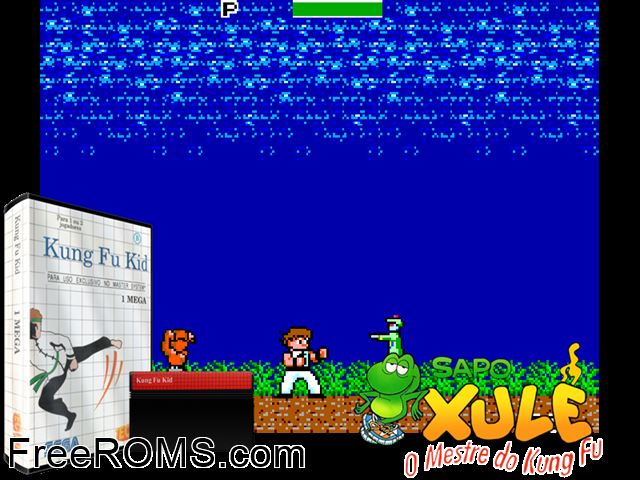 Sapo Xule o Mestre do Kung Fu Sega Master System game showing 3D box cover and gameplay screenshot