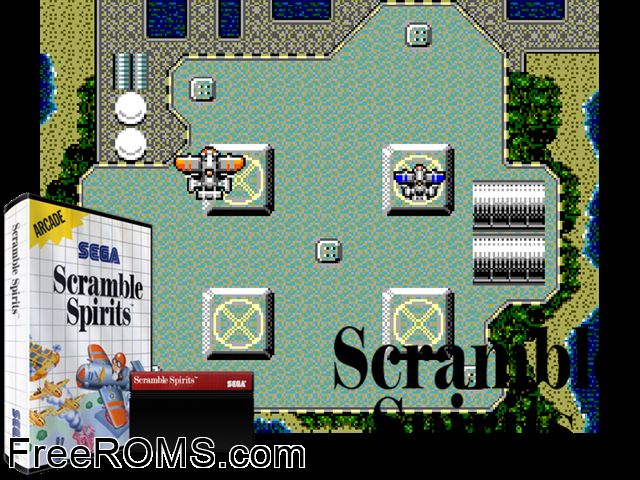 Scramble Spirits Sega Master System game showing 3D box cover and gameplay screenshot