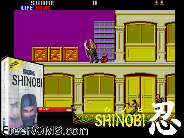 Shinobi Sega Master System game showing 3D box cover and gameplay screenshot