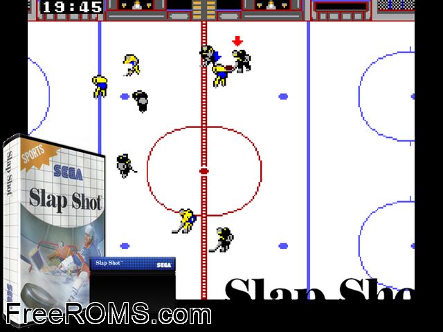 Slap Shot Sega Master System game showing 3D box cover and gameplay screenshot