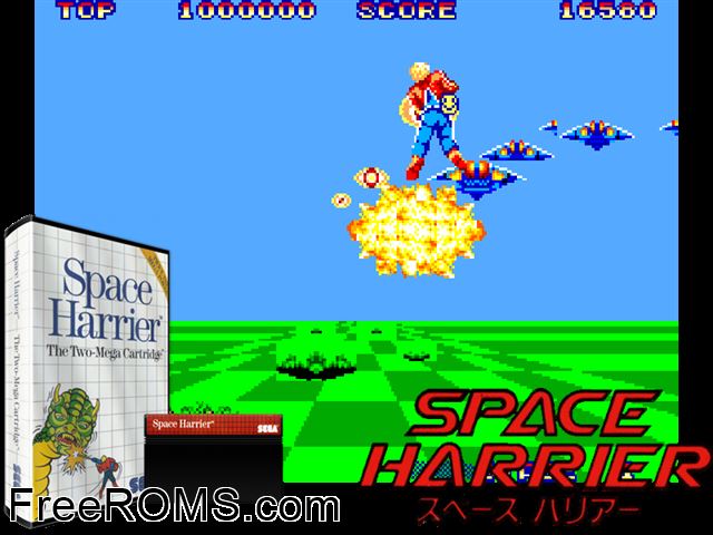 Space Harrier Sega Master System game showing 3D box cover and gameplay screenshot