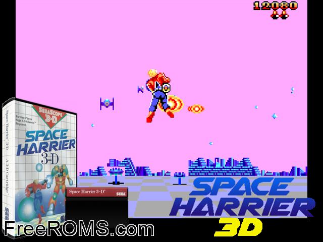 Space Harrier 3D Sega Master System game showing 3D box cover and gameplay screenshot