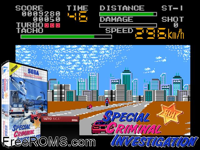 Special Criminal Investigation Sega Master System game showing 3D box cover and gameplay screenshot