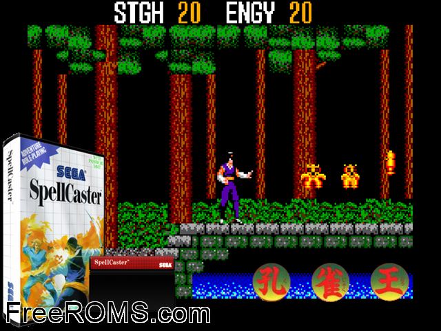 Spellcaster Sega Master System game showing 3D box cover and gameplay screenshot