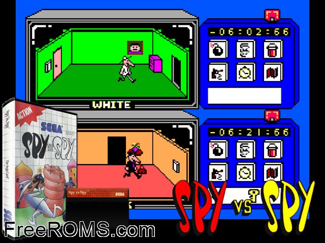 Spy vs Spy Sega Master System game showing 3D box cover and gameplay screenshot