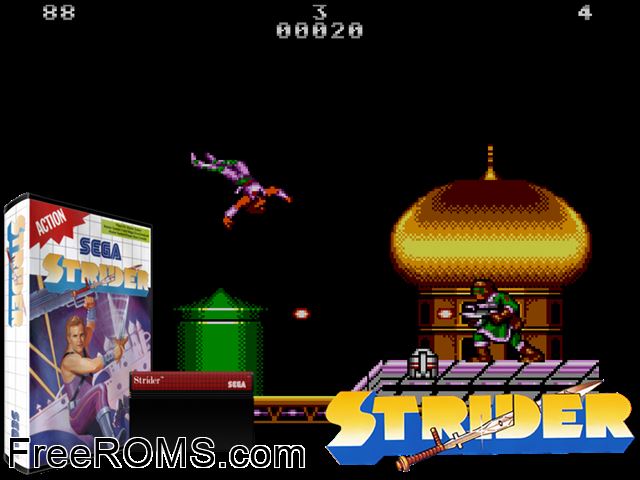 Strider Sega Master System game showing 3D box cover and gameplay screenshot