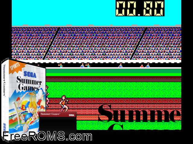 Summer Games Sega Master System game showing 3D box cover and gameplay screenshot