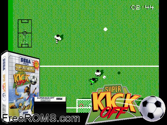 Super Kick Off Sega Master System game showing 3D box cover and gameplay screenshot