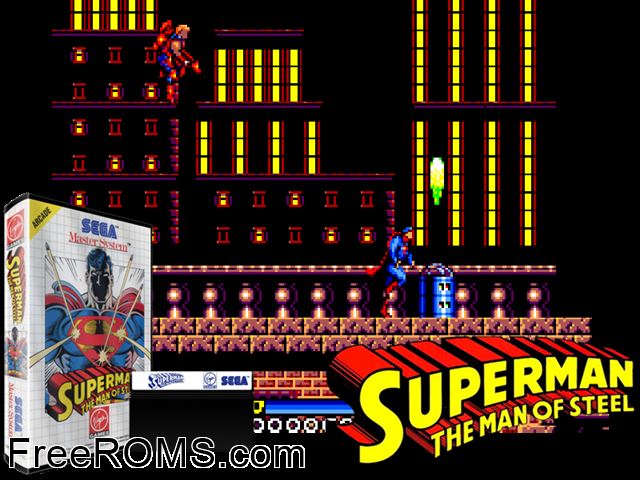 Superman - the Man of Steel Sega Master System game showing 3D box cover and gameplay screenshot