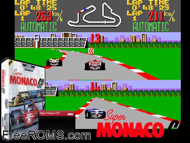 Super Monaco Grand Prix Sega Master System game showing 3D box cover and gameplay screenshot