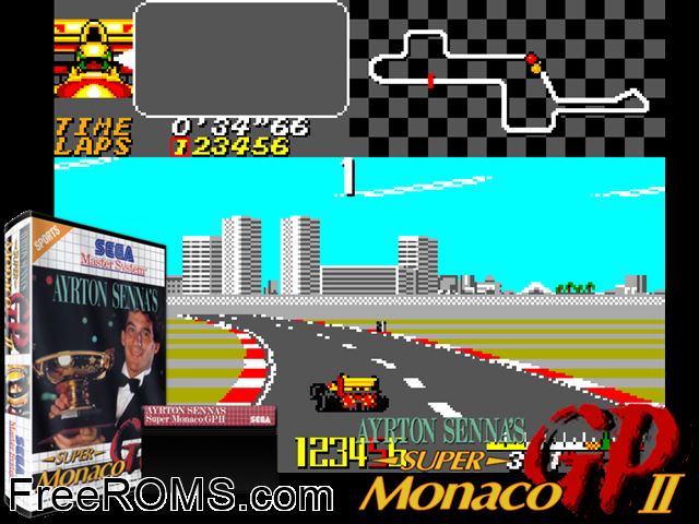 Super Monaco Grand Prix 2 Sega Master System game showing 3D box cover and gameplay screenshot