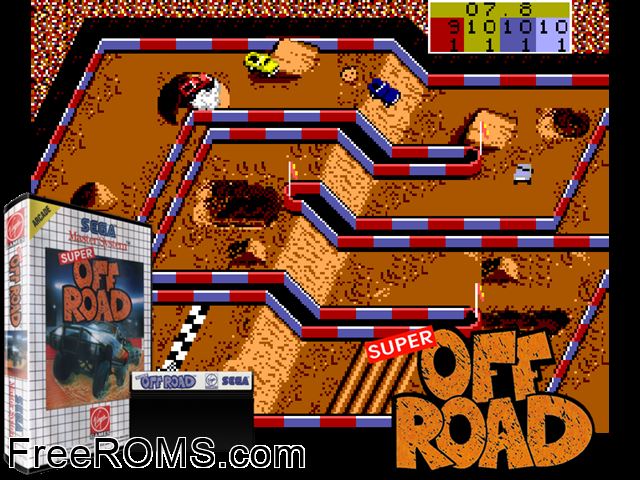 Super Off Road Sega Master System game showing 3D box cover and gameplay screenshot