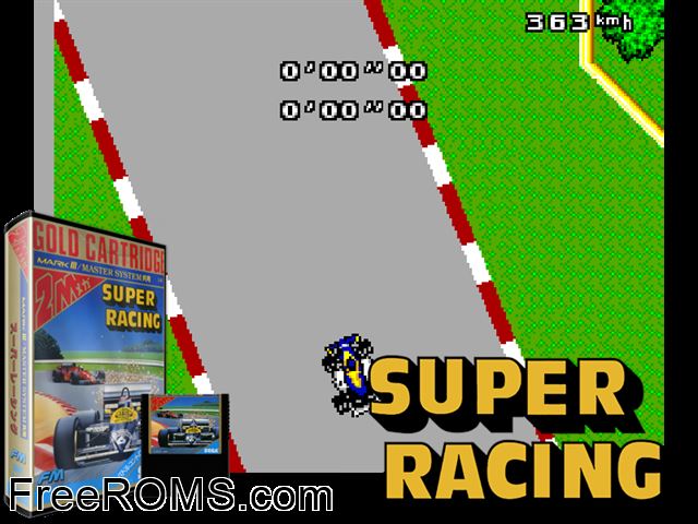 Super Racing Sega Master System game showing 3D box cover and gameplay screenshot