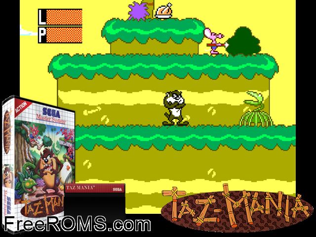Taz-Mania Sega Master System game showing 3D box cover and gameplay screenshot