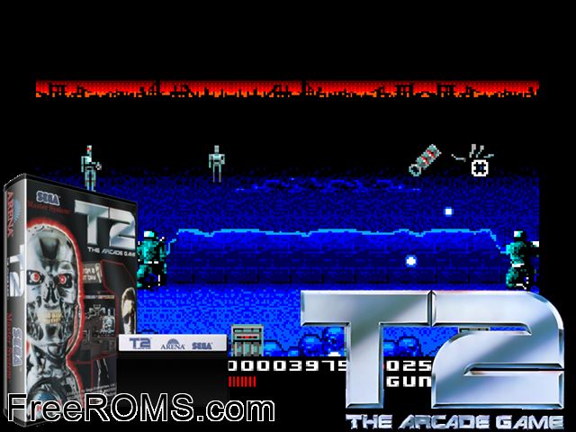 Terminator 2 - The Arcade Game Sega Master System game showing 3D box cover and gameplay screenshot