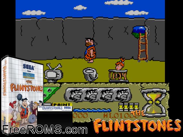 The Flintstones Sega Master System game showing 3D box cover and gameplay screenshot