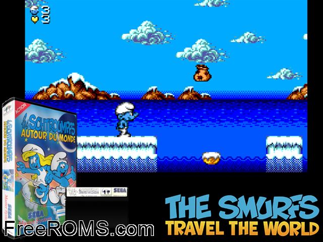 The Smurfs travel the World Sega Master System game showing 3D box cover and gameplay screenshot