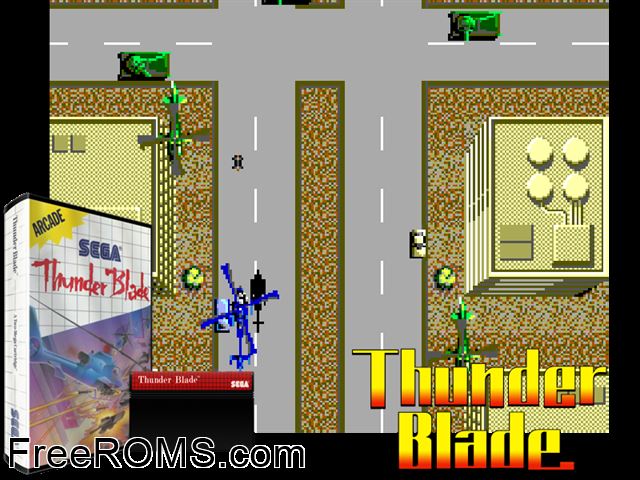Thunder Blade Sega Master System game showing 3D box cover and gameplay screenshot