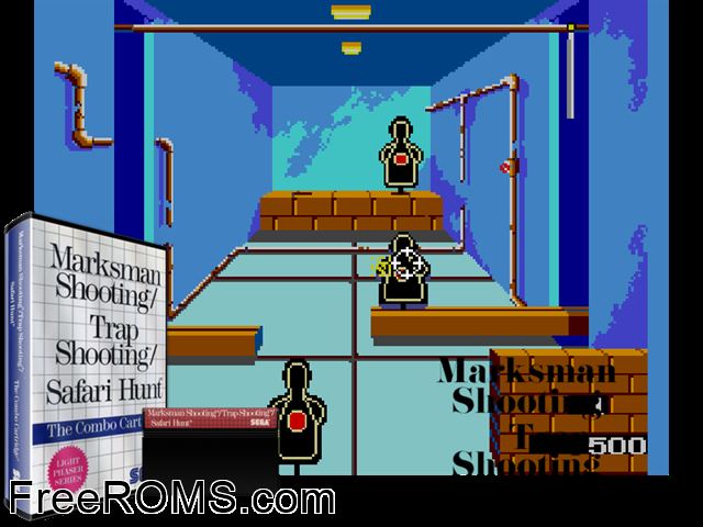Trap Shooting and Marksman Shooting and Safari Hunt Sega Master System game showing 3D box cover and gameplay screenshot